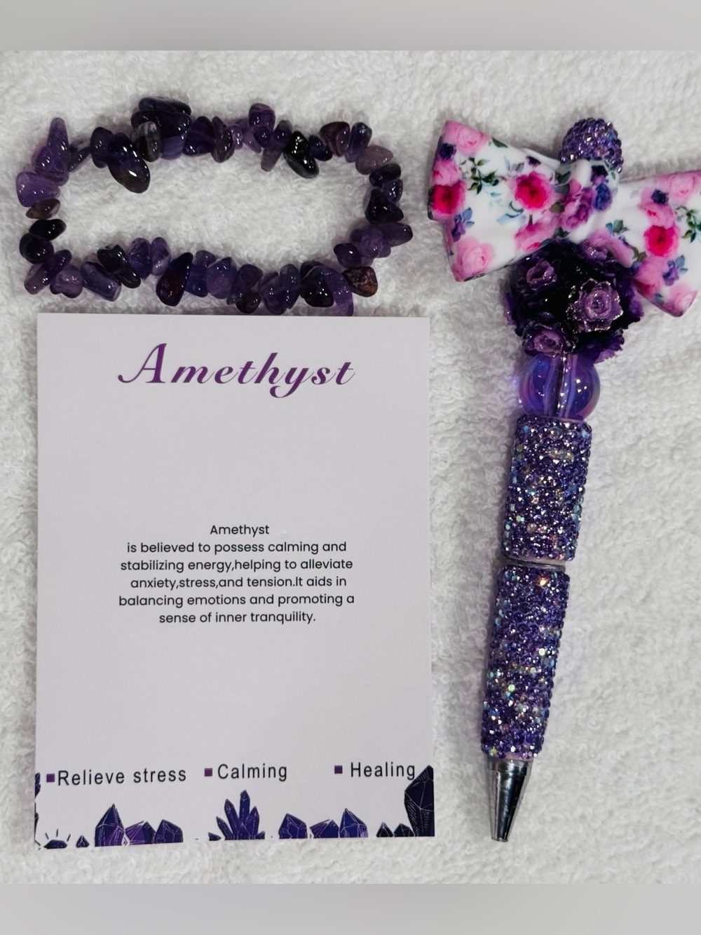 Amethyst bead bracelet and fancy bead pen